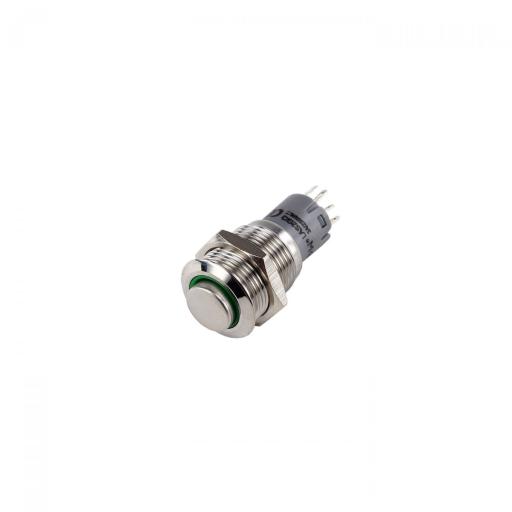 Taster (Wechsler), mit 12V LED-Ring grün, 16mm, 3 A/250V AC, Lötanschlüsse, IP67